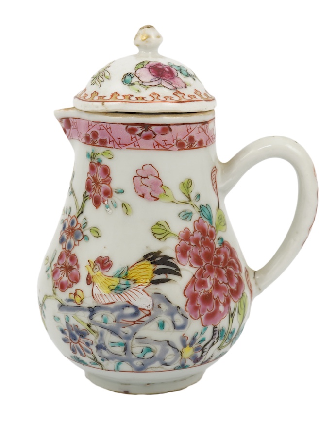 A Chinese famille rose ‘cockerel’ cream jug and cover, Yongzheng period